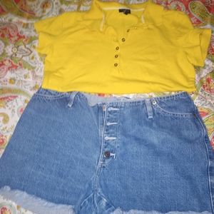 2 piece Daisy Duke style ladies blue jean short set 11/12 yellow shirt small